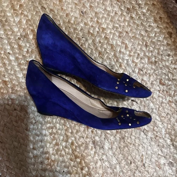 Loeffler Randall 2" Platform Peep-Toe Blue Suede Wedges - Picture 5 of 7